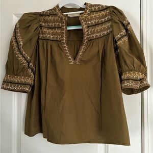 Ulla Johnson Khaki Embroidered Puff Sleeve Blouse